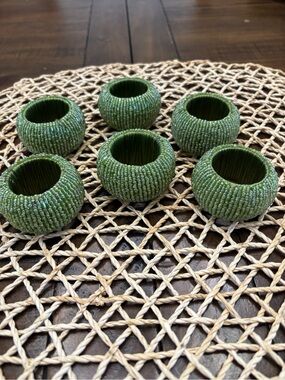 Six beaded green round napkin ring holders